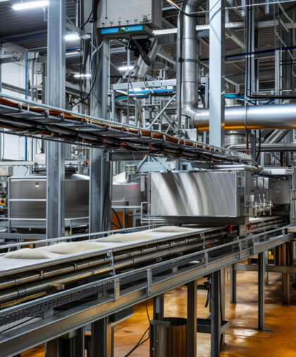 Automated Food Production Line Modern food industry factory with automated conveyor system.