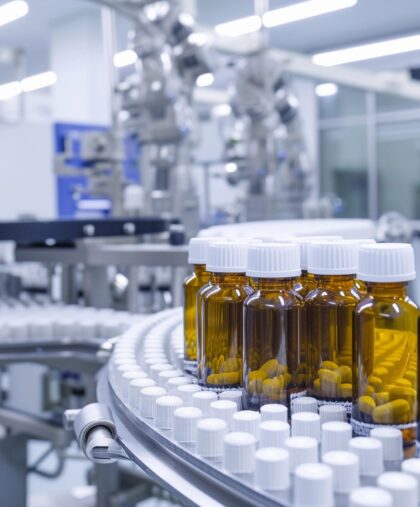 Pharmaceutical Bottle Filling Line Automated line filling amber bottles with capsules in pharma plant.