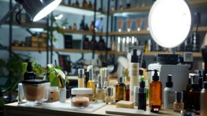 A professional camera capturing beauty products arranged in a balanced composition under bright lights